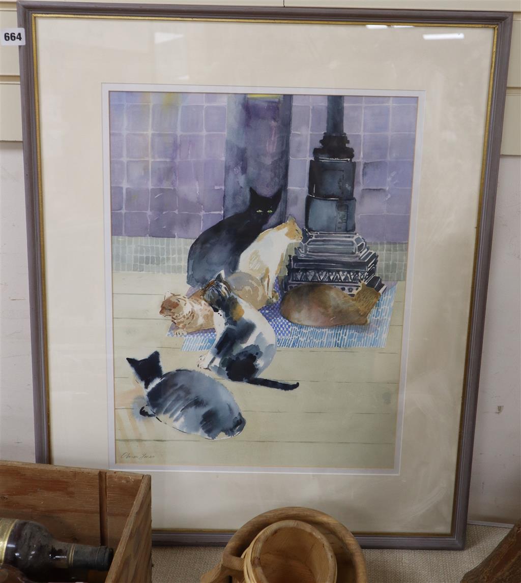 Olwen Jones, (1945-), watercolour, Six Cats, signed, 55 x 41cm